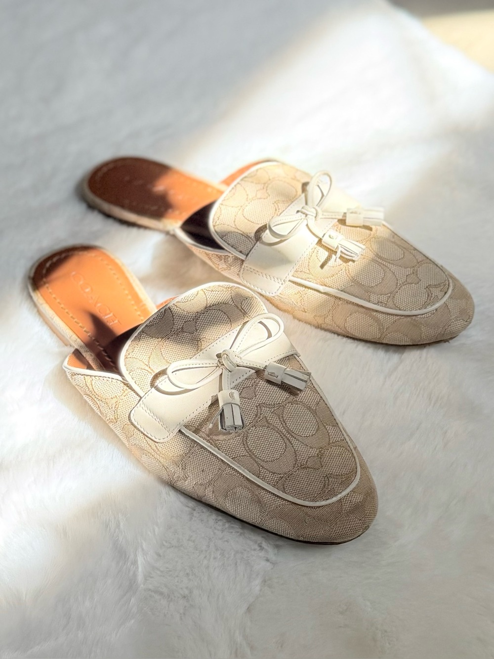 COACH 10 Stassi Slides Light Khaki Chalk Jacquard Classic Logo Loafer Mules 9.5
